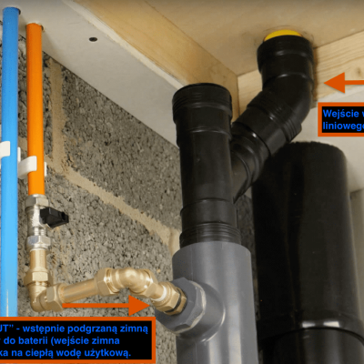 Krok 2. Podłączenie wody dogrzanej od rekuperatora do baterii prysznica (wejście w baterii zimnej wody)